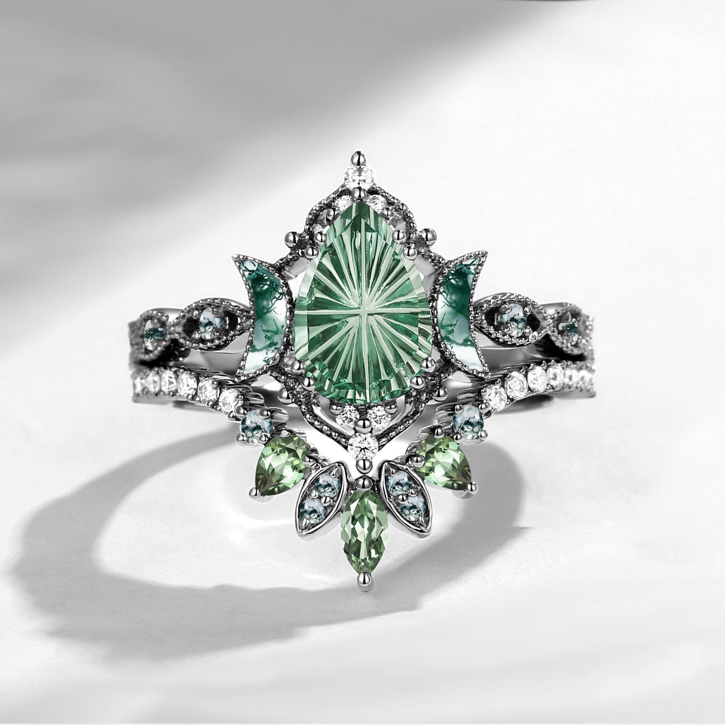 Crescent Moon | Fantasy Carved Pear Lab Green Sapphire 'Ultra Galaxy' Engagement Ring Set 2pcs