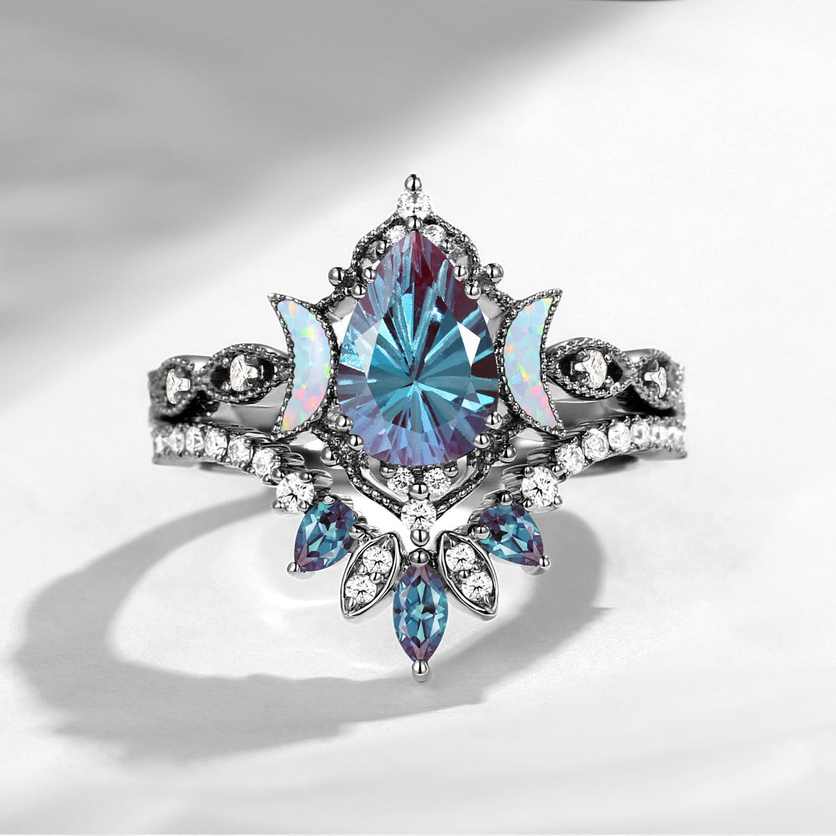 'Ultra Galaxy' - Firework Cut Pear  Lab Alexandrite Engagement Ring Set