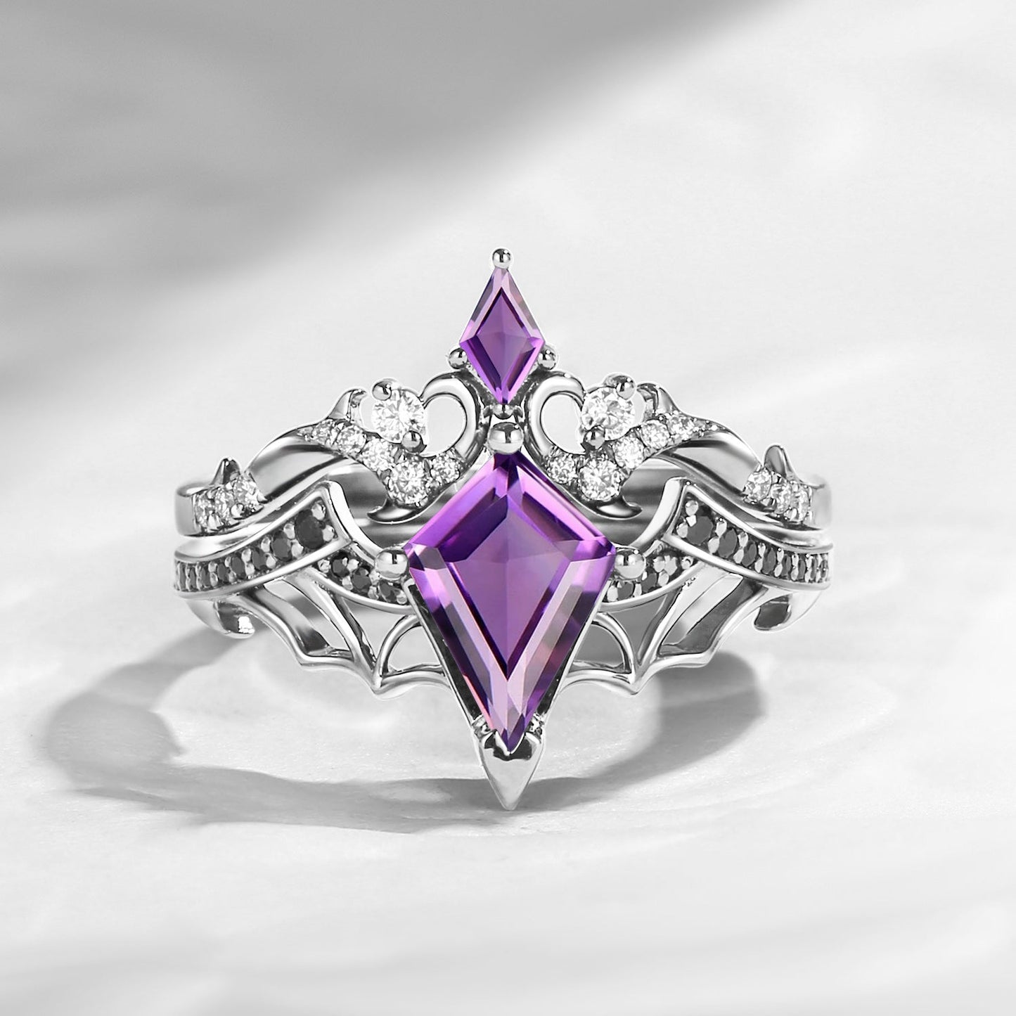 Bat Ring - Gothic Kite Cut Amethyst Bat Wing Engagement Ring Set with Thorns Inspired Band