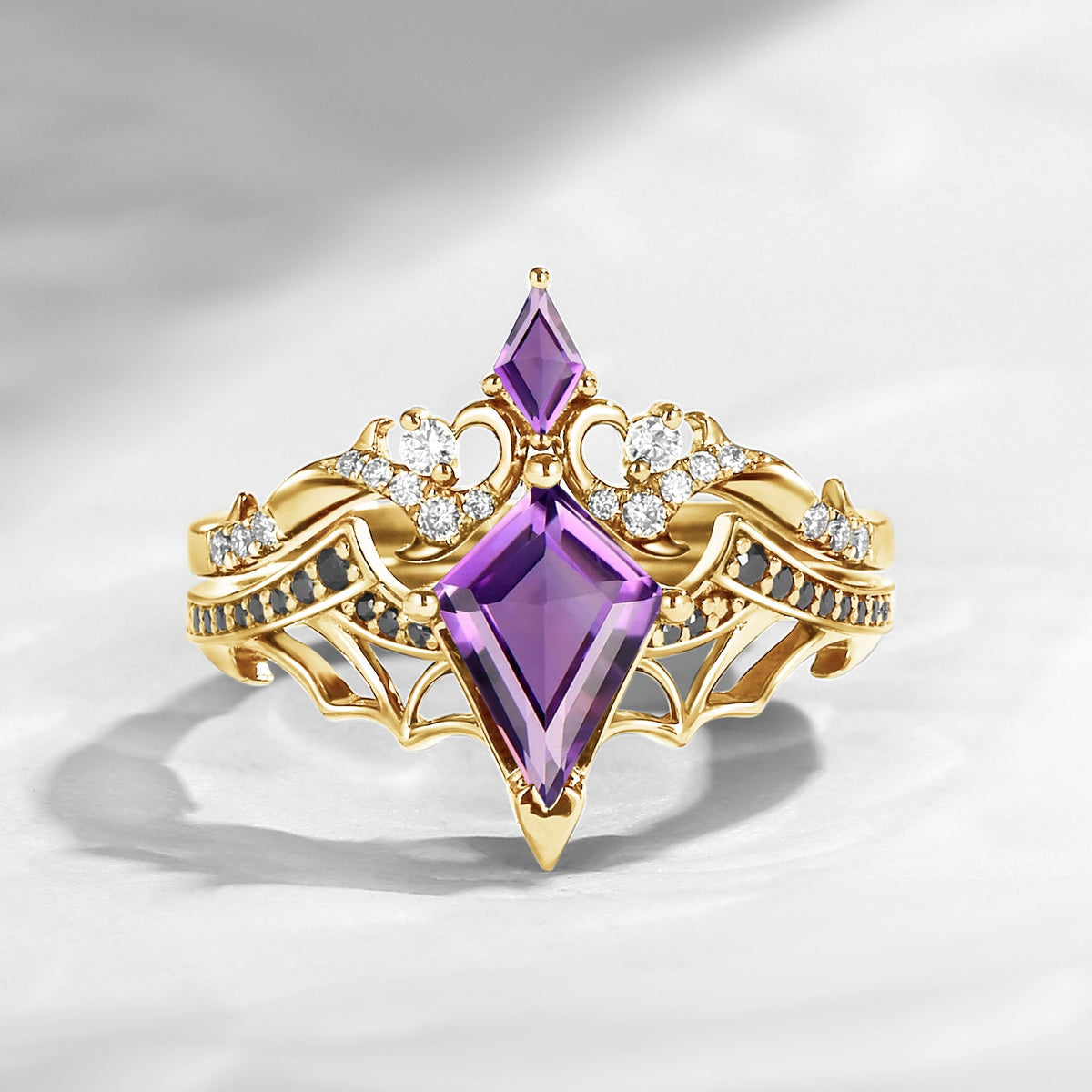 Bat Ring - Gothic Kite Cut Amethyst Bat Wing Engagement Ring Set with Thorns Inspired Band