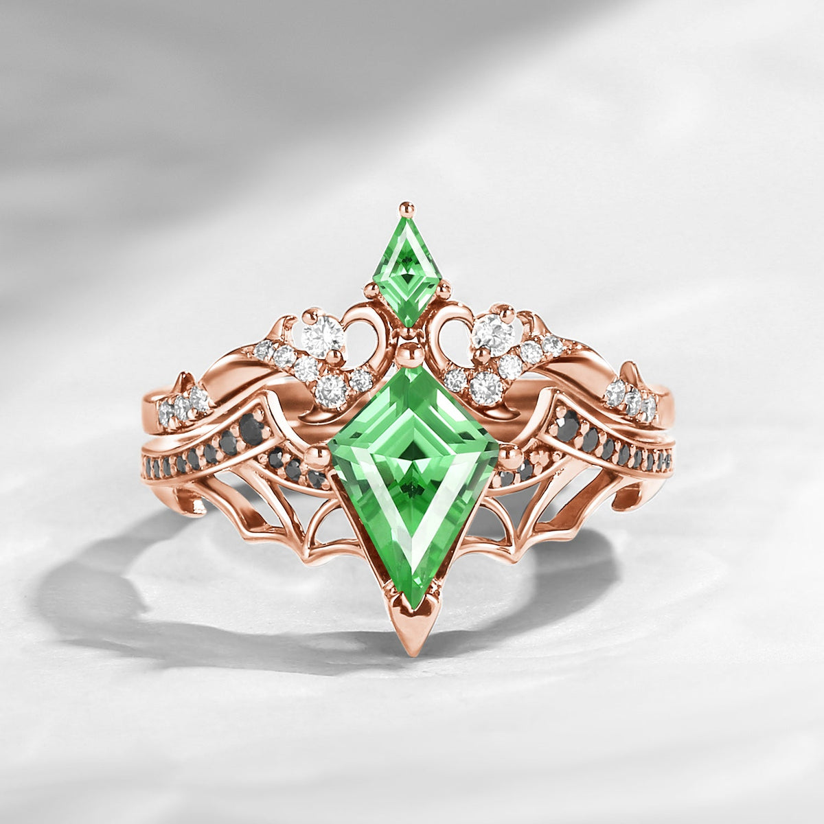 Gothic Style Unique Kite Cut Lab Tsavorite Bat Wing Inspired Thorns Engagement Ring Set 2pcs - Bat Ring