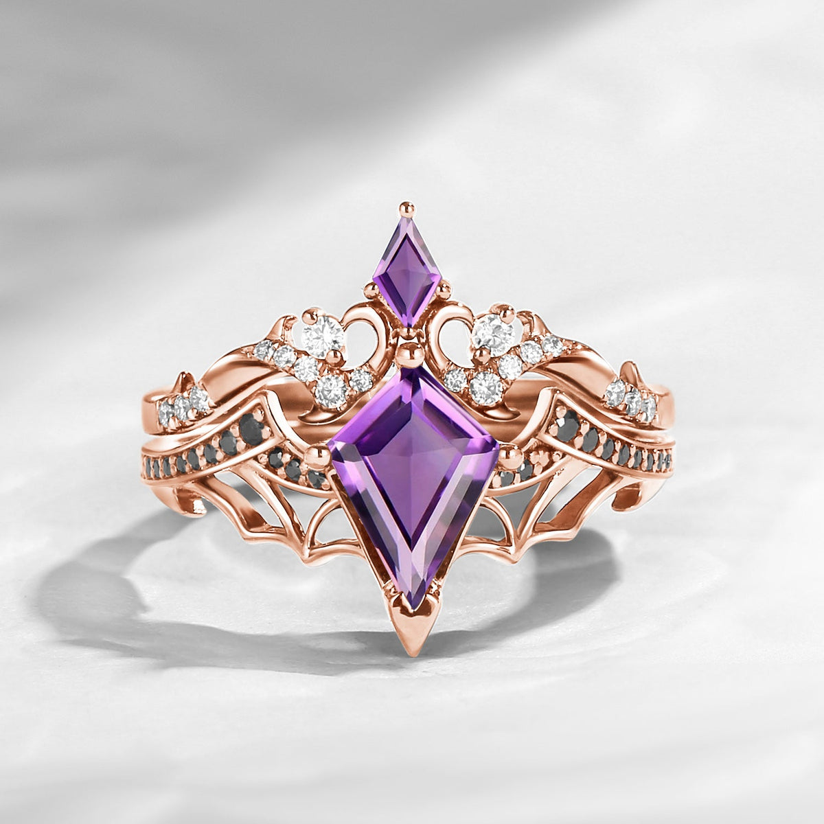 Bat Ring - Gothic Kite Cut Amethyst Bat Wing Engagement Ring Set with Thorns Inspired Band