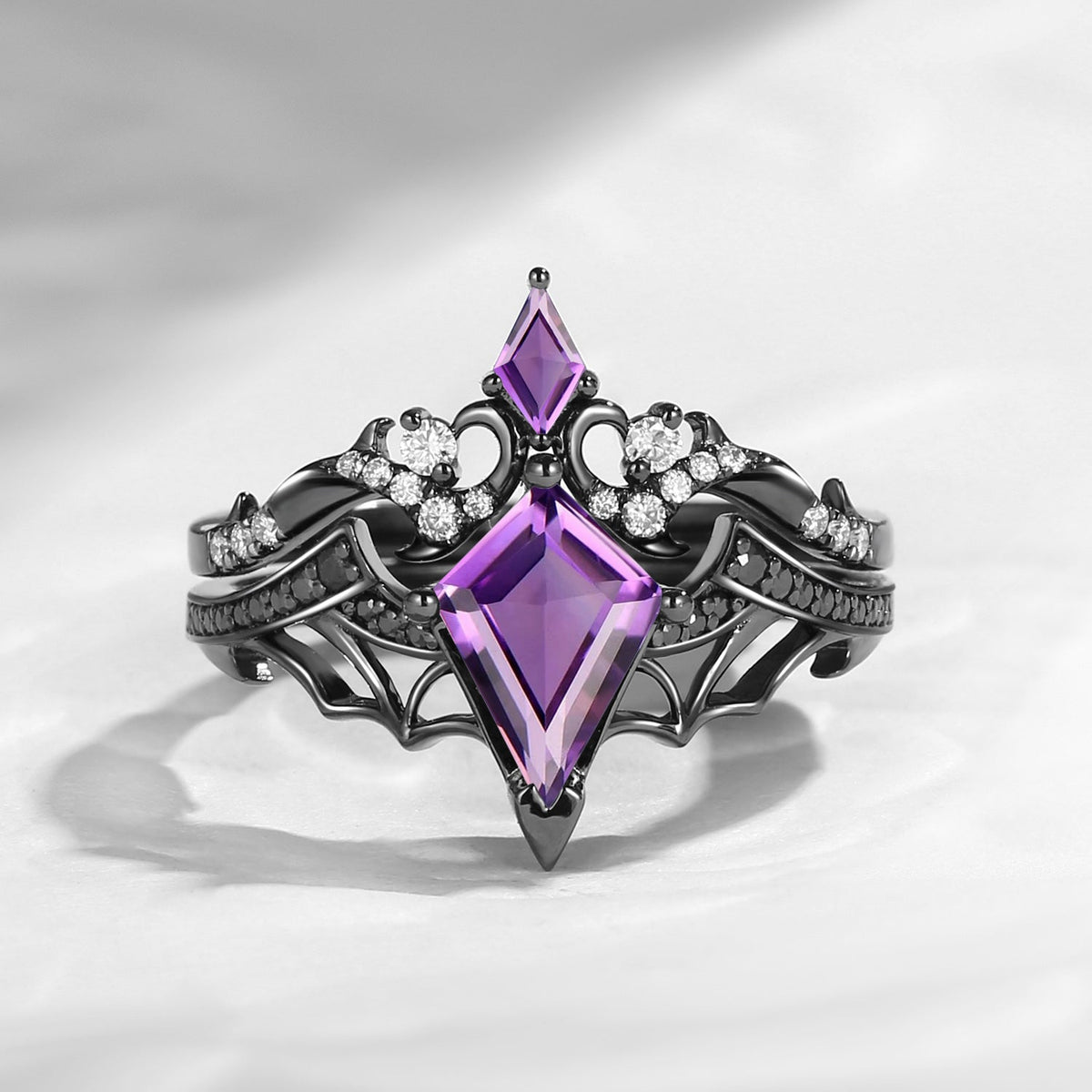 Bat Ring - Gothic Kite Cut Amethyst Bat Wing Engagement Ring Set with Thorns Inspired Band