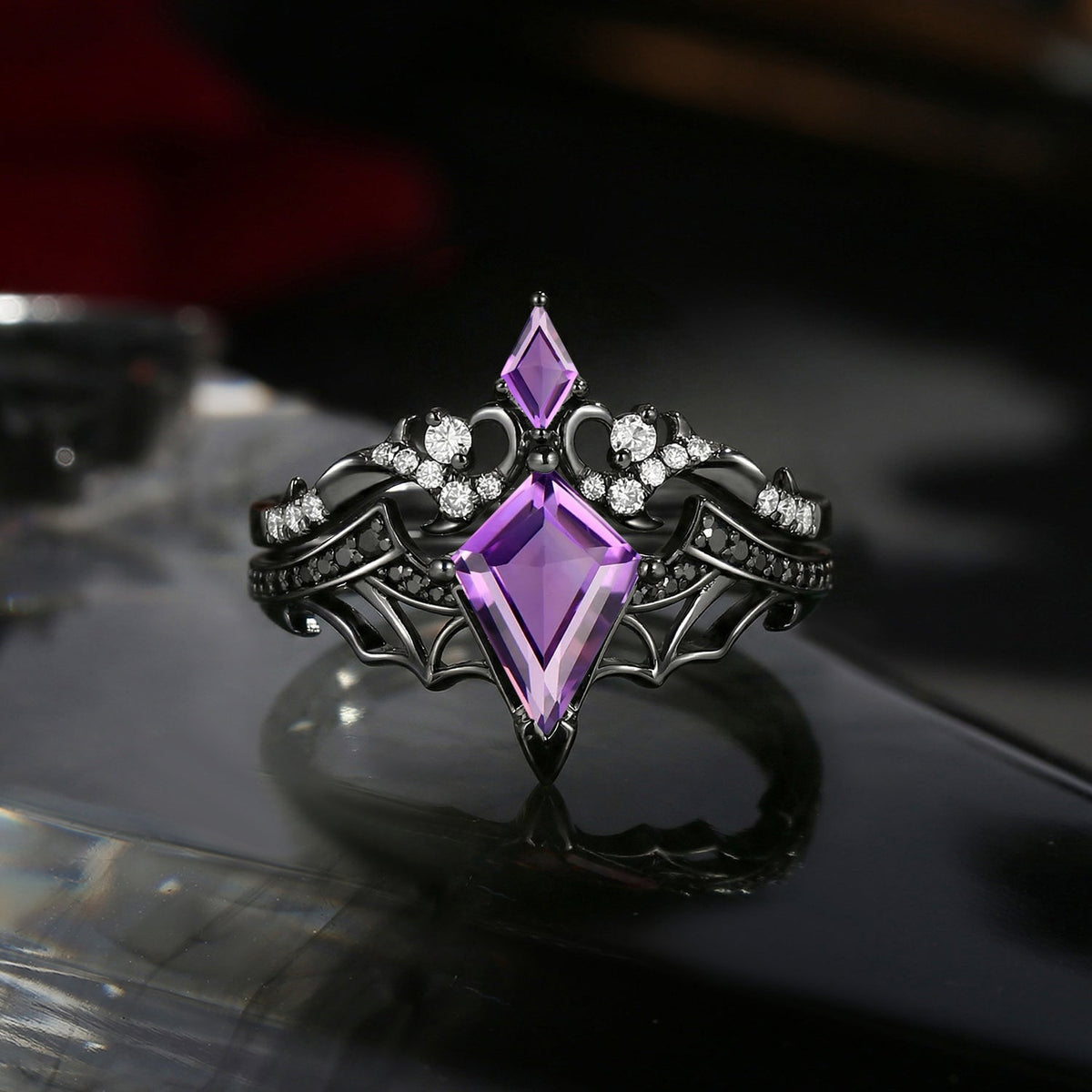 Bat Ring - Gothic Kite Cut Amethyst Bat Wing Engagement Ring Set with Thorns Inspired Band