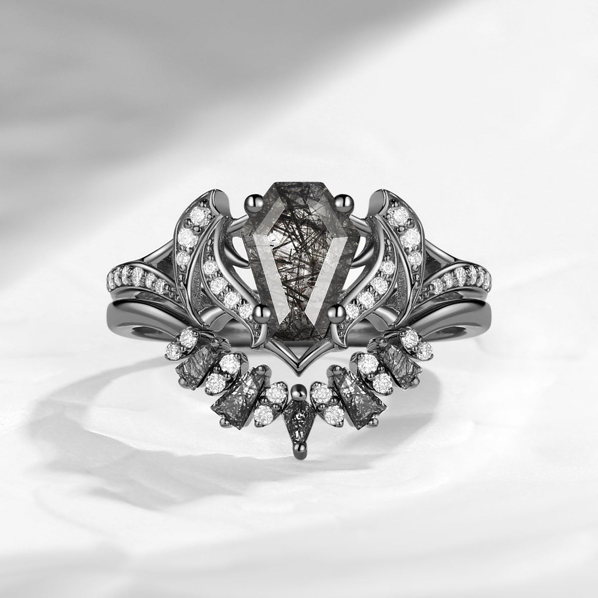 Unique Coffin Shaped Black Rutilated Quartz Bat Wing Inspired Engagement Ring Set 2pcs