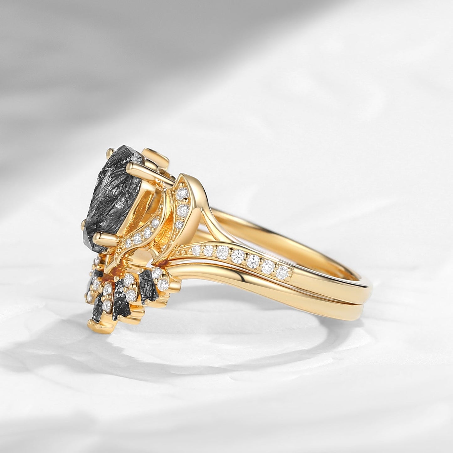 Unique Coffin Shaped Black Rutilated Quartz Bat Wing Inspired Engagement Ring Set 2pcs