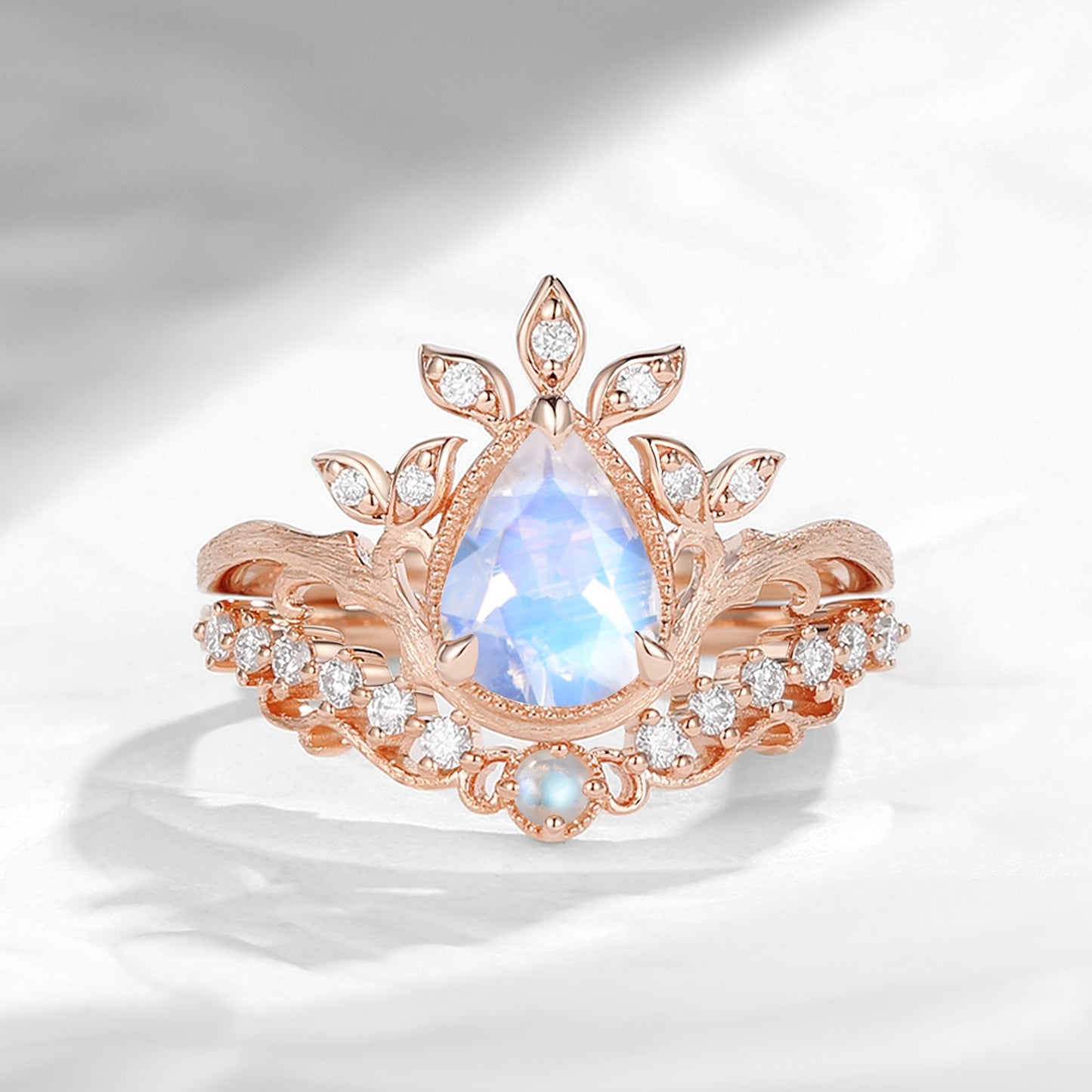 Nature Inspired Vintage Pear Shaped Moonstone Garden Ring Set 2pcs