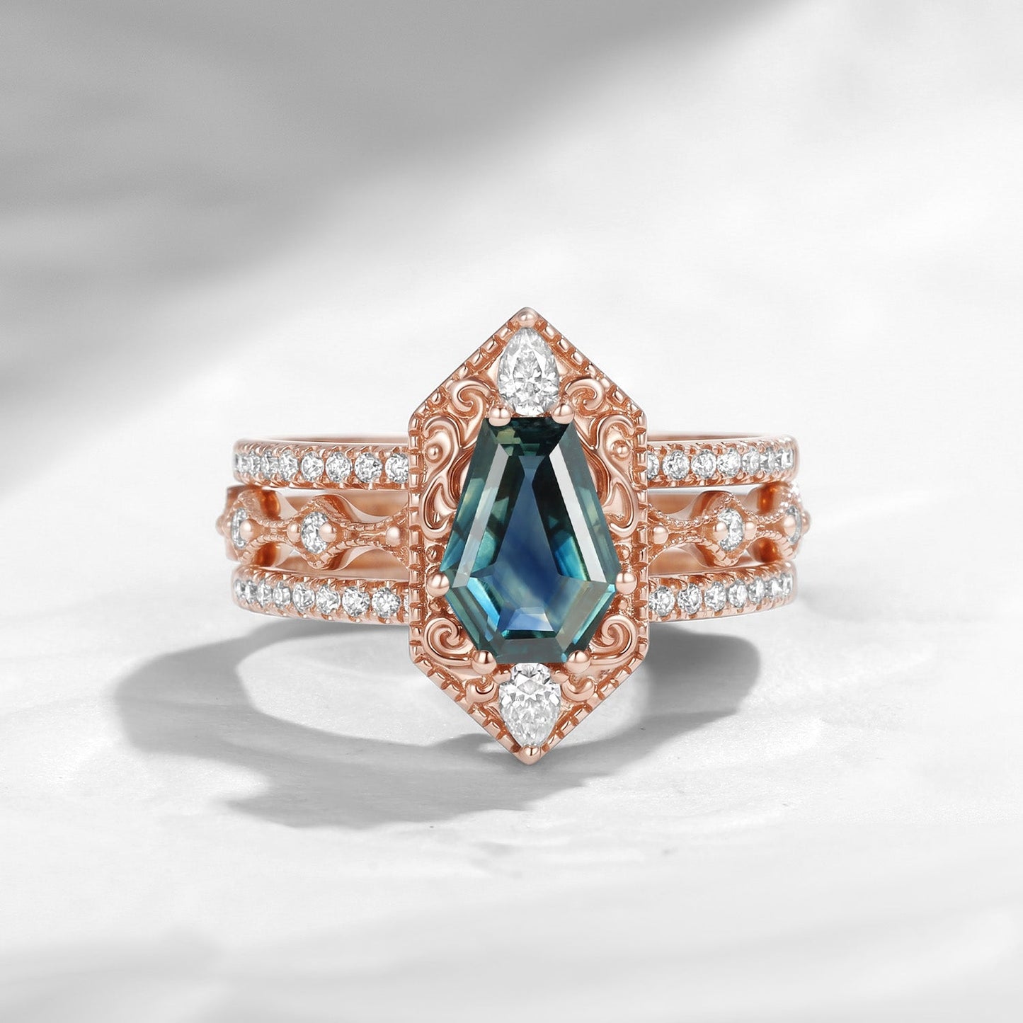 Fallen Aegis 'Vampire Shield' – Gothic Coffin Natural Teal Sapphire Engagement Ring Set with Vintage Filigree Engraving