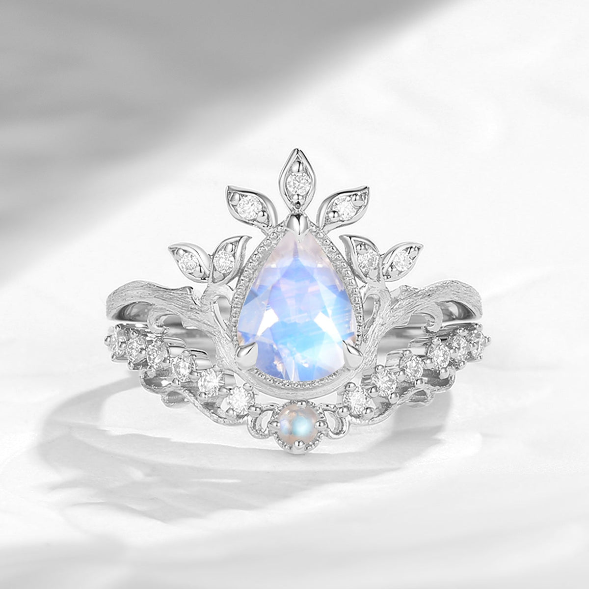 Nature Inspired Vintage Pear Shaped Moonstone Garden Ring Set 2pcs