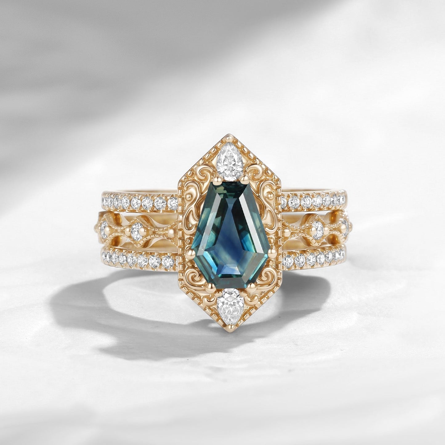 Fallen Aegis 'Vampire Shield' – Gothic Coffin Natural Teal Sapphire Engagement Ring Set with Vintage Filigree Engraving