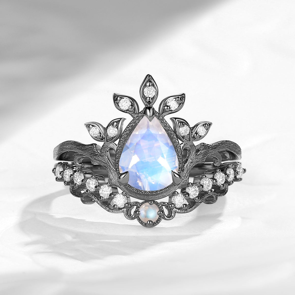 Nature Inspired Vintage Pear Shaped Moonstone Garden Ring Set 2pcs