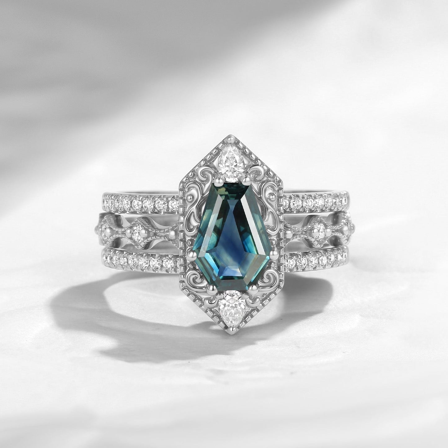 Fallen Aegis 'Vampire Shield' – Gothic Coffin Natural Teal Sapphire Engagement Ring Set with Vintage Filigree Engraving