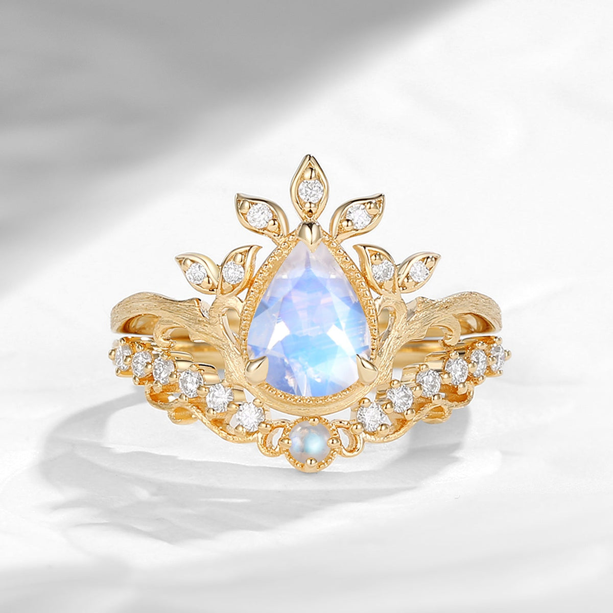 Nature Inspired Vintage Pear Shaped Moonstone Garden Ring Set 2pcs
