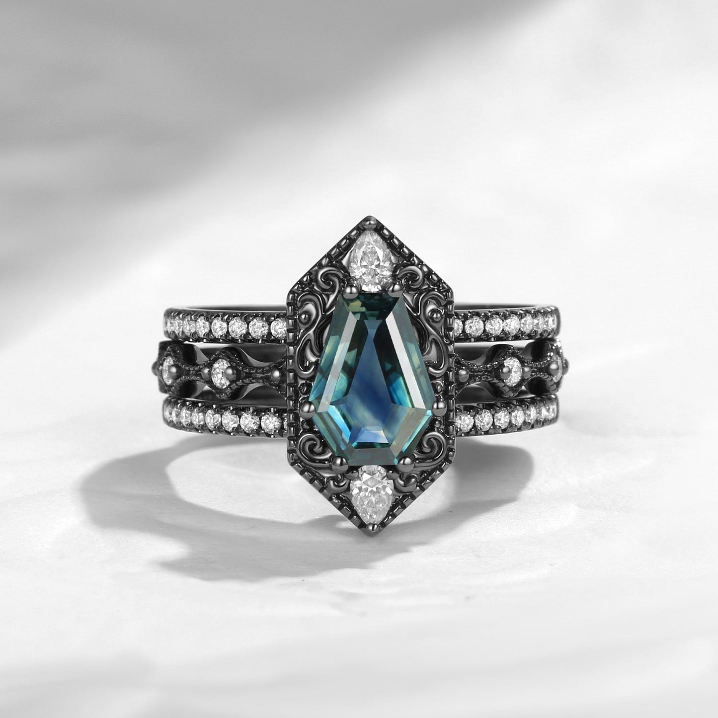 Fallen Aegis 'Vampire Shield' – Gothic Coffin Natural Teal Sapphire Engagement Ring Set with Vintage Filigree Engraving