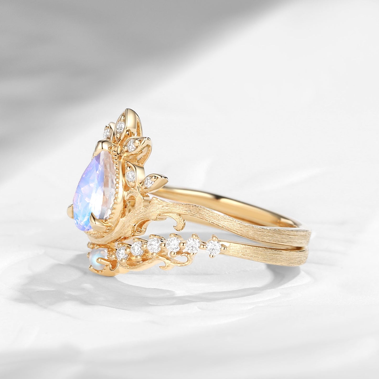Nature Inspired Vintage Pear Shaped Moonstone Garden Ring Set 2pcs
