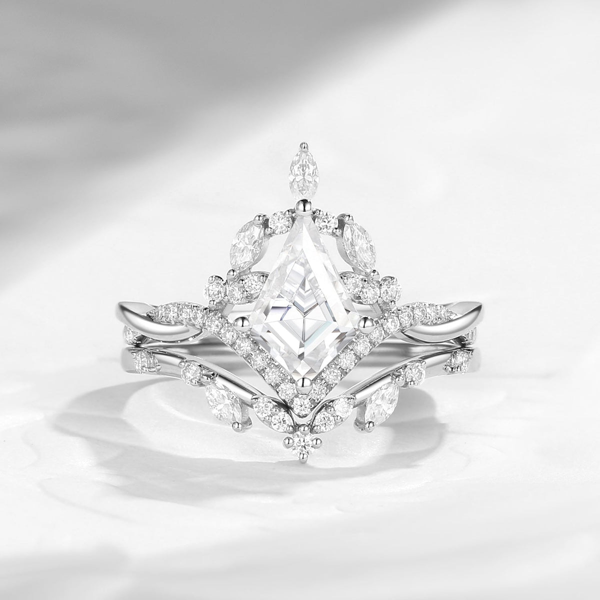 Kite Cut Moissanite Nature Inspired Cluster Engagement Ring Set 2pcs
