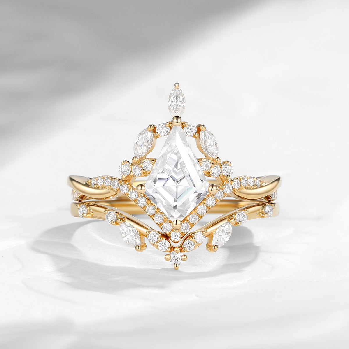 Kite Cut Moissanite Nature Inspired Cluster Engagement Ring Set 2pcs
