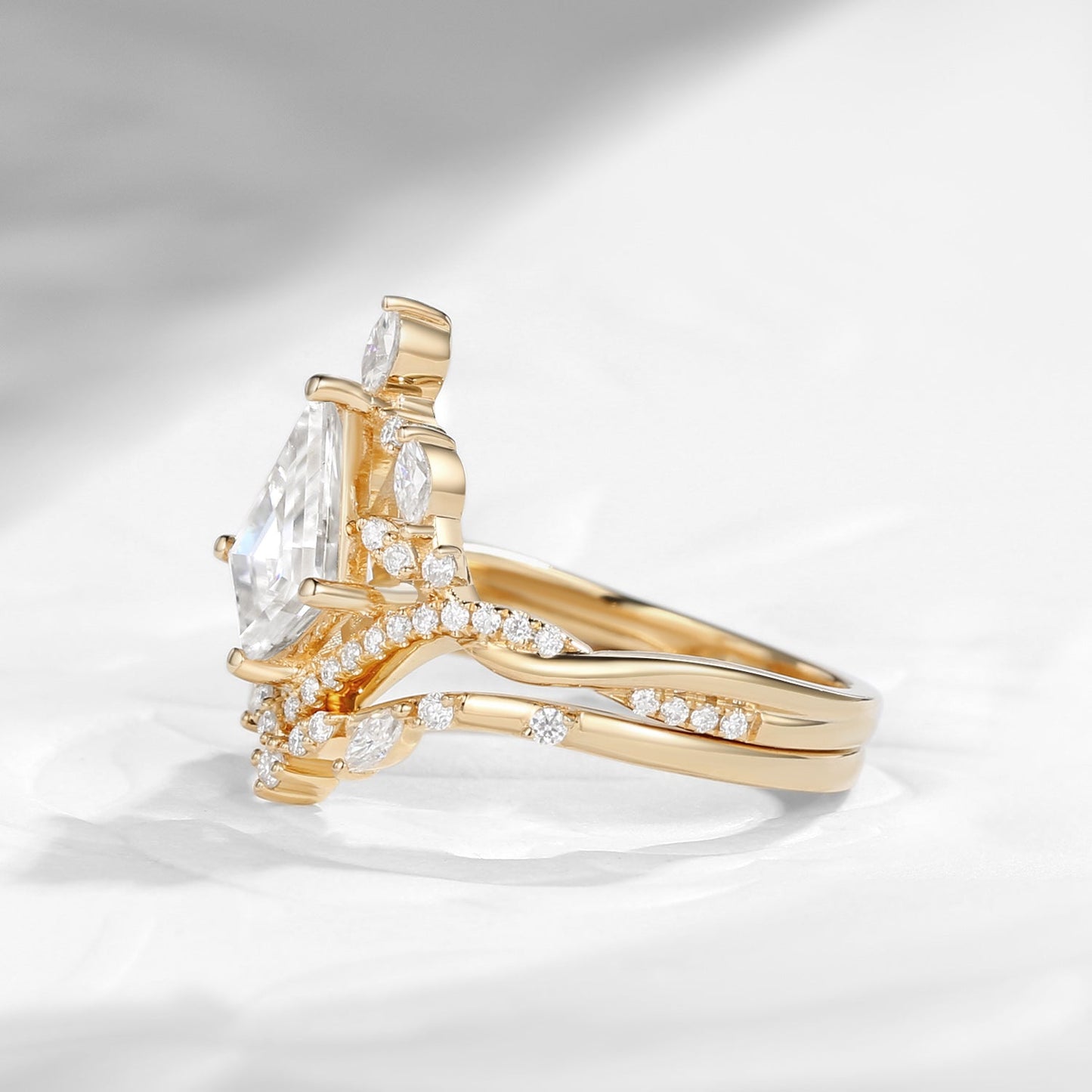 Kite Cut Moissanite Nature Inspired Cluster Engagement Ring Set 2pcs