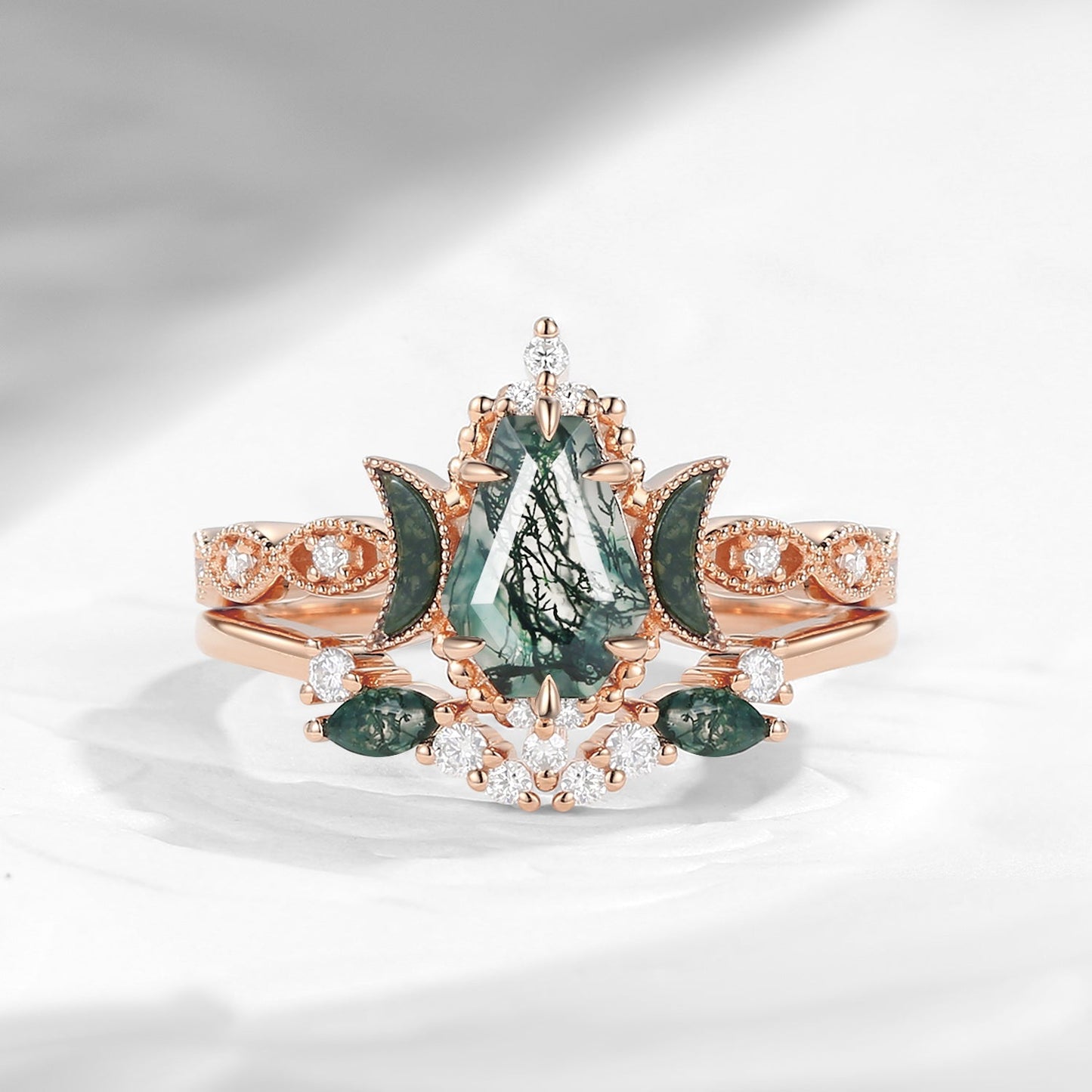 Crescent Moon | Coffin Cut Moss Agate 'Ultra Galaxy' Engagement Ring Set 2pcs