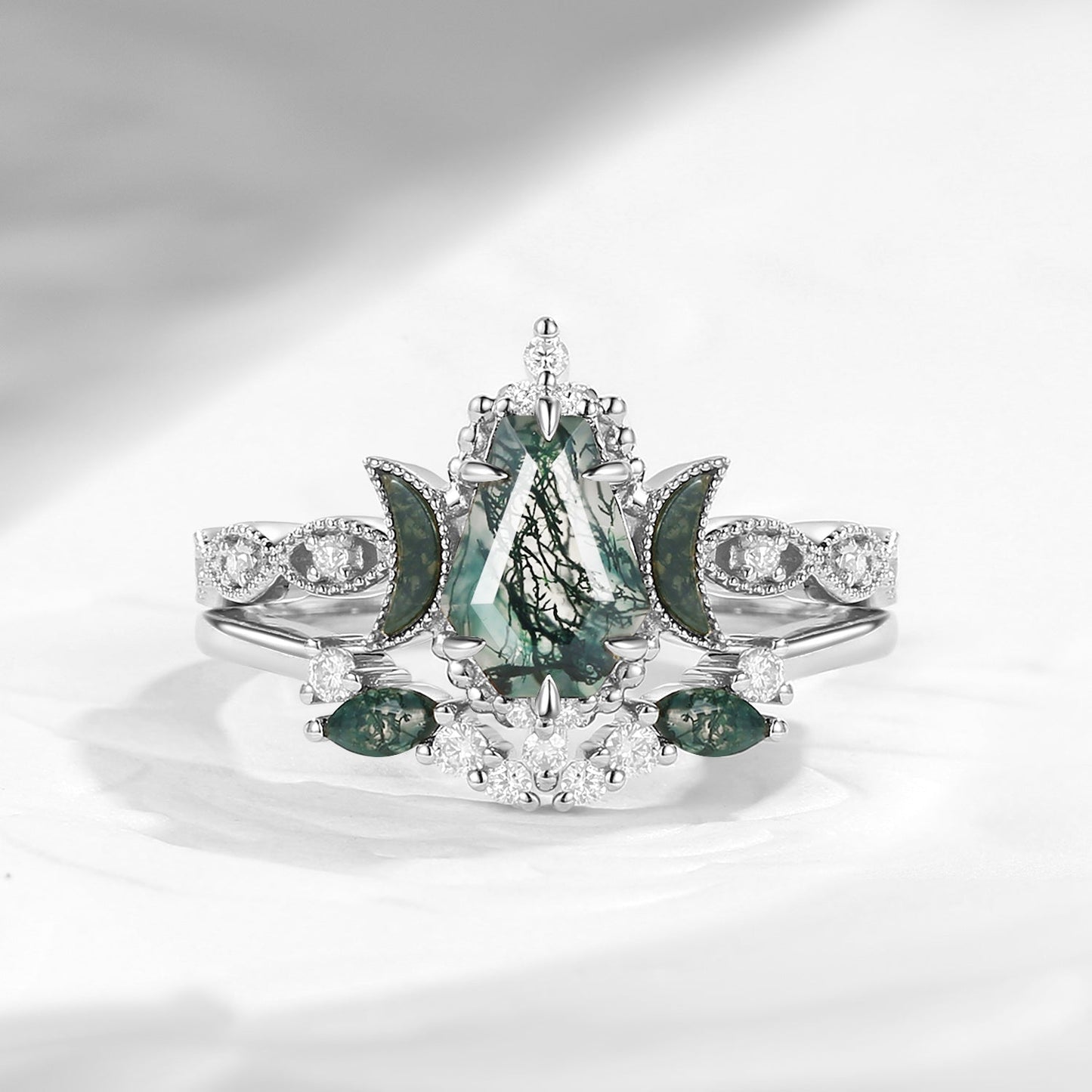Crescent Moon | Coffin Cut Moss Agate 'Ultra Galaxy' Engagement Ring Set 2pcs