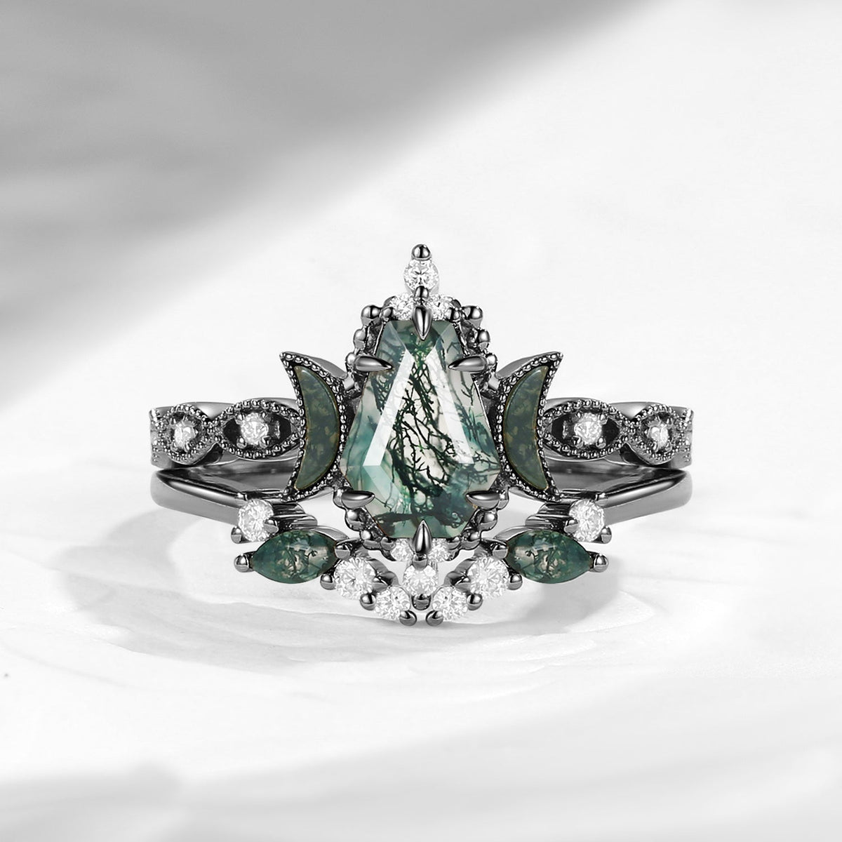 Crescent Moon | Coffin Cut Moss Agate 'Ultra Galaxy' Engagement Ring Set 2pcs