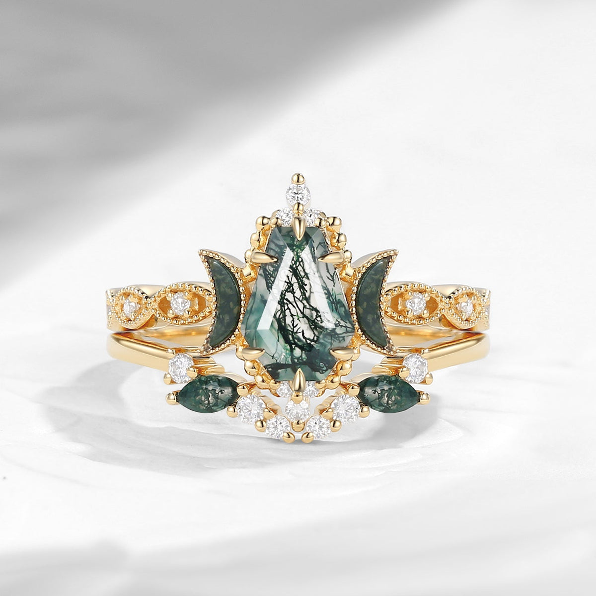 Crescent Moon | Coffin Cut Moss Agate 'Ultra Galaxy' Engagement Ring Set 2pcs
