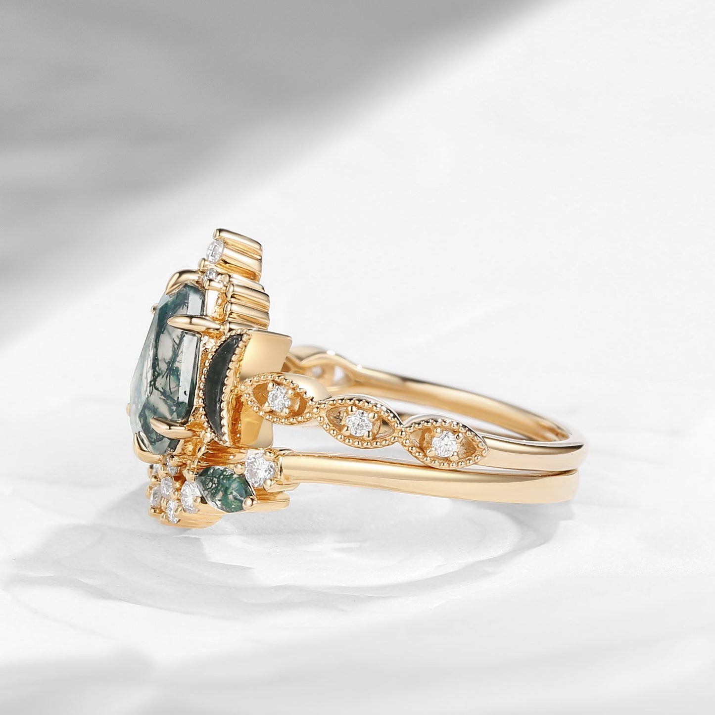 Crescent Moon | Coffin Cut Moss Agate 'Ultra Galaxy' Engagement Ring Set 2pcs