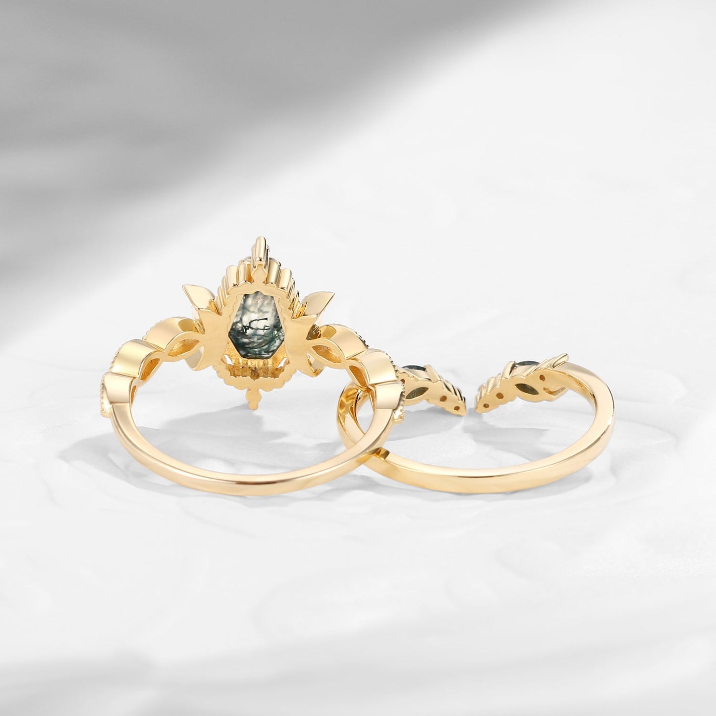 Crescent Moon | Coffin Cut Moss Agate 'Ultra Galaxy' Engagement Ring Set 2pcs