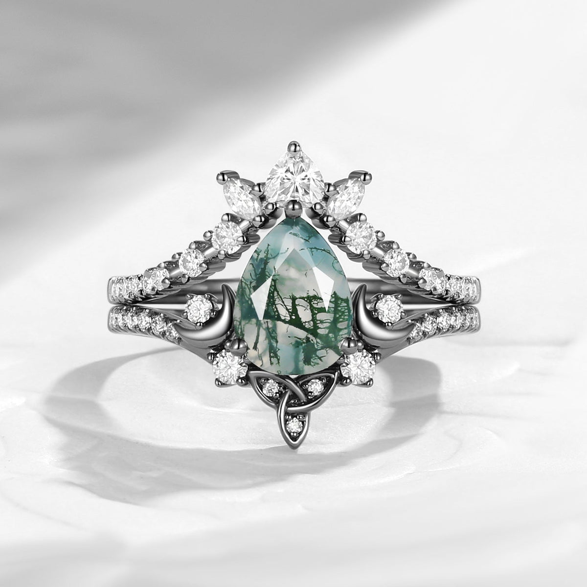 Celtic Moon 'Celestial Moon' - Pear Cut Moss Agate  Engagement Ring Set