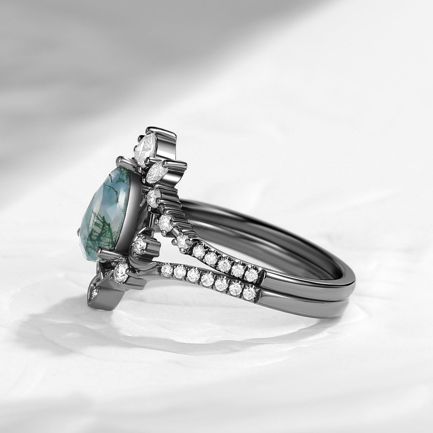 Celtic Moon 'Celestial Moon' - Pear Cut Moss Agate  Engagement Ring Set