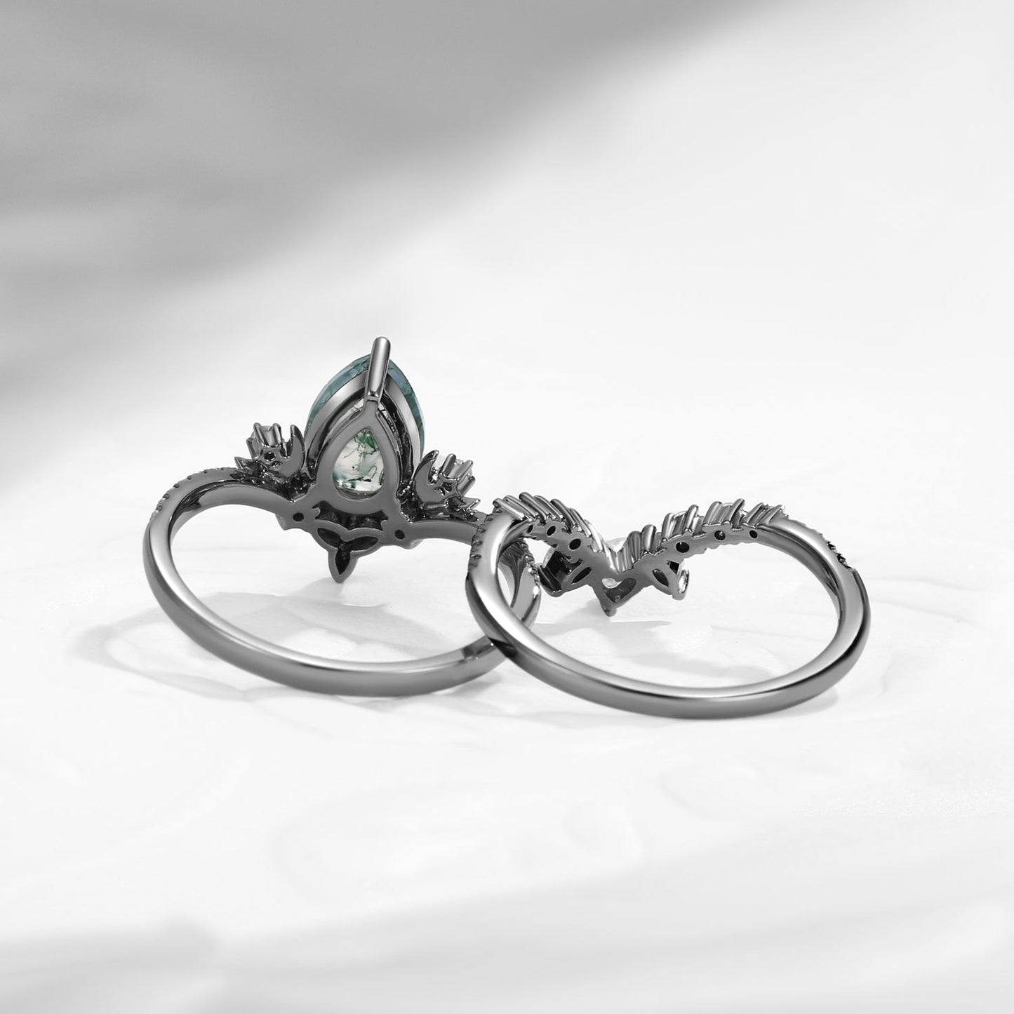 Celtic Moon 'Celestial Moon' - Pear Cut Moss Agate  Engagement Ring Set