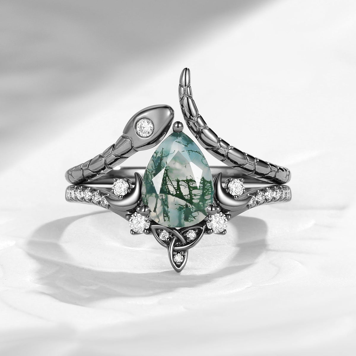 Celtic Moon | Pear Cut Moss Agate Gothic Inspired Snake Engagement Ring Set 2pcs