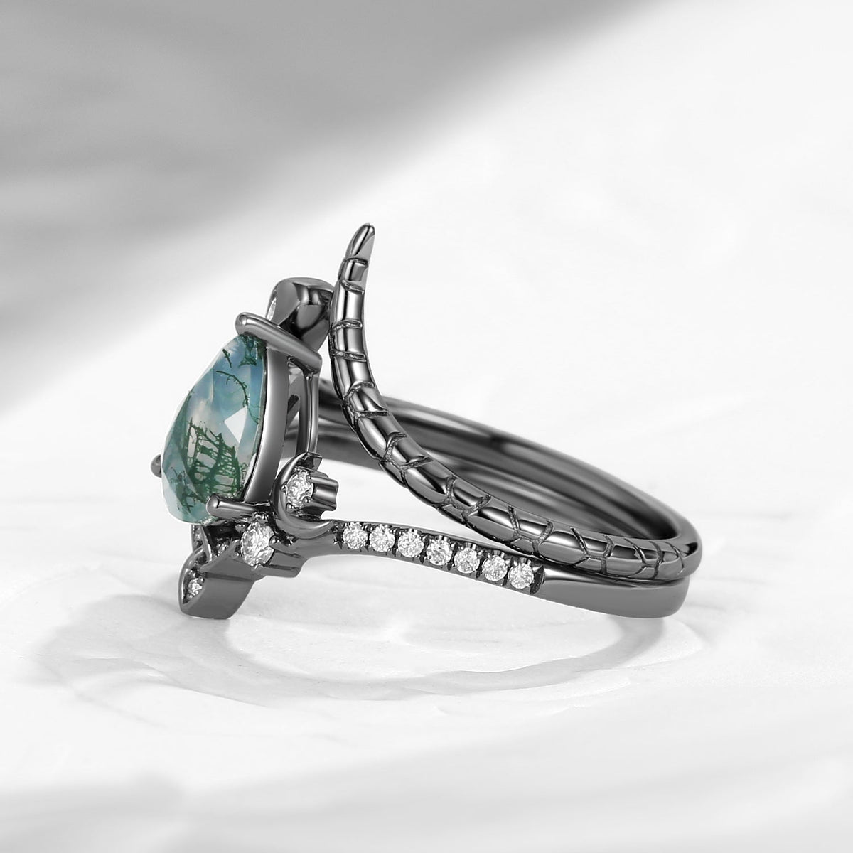 Celtic Moon | Pear Cut Moss Agate Gothic Inspired Snake Engagement Ring Set 2pcs