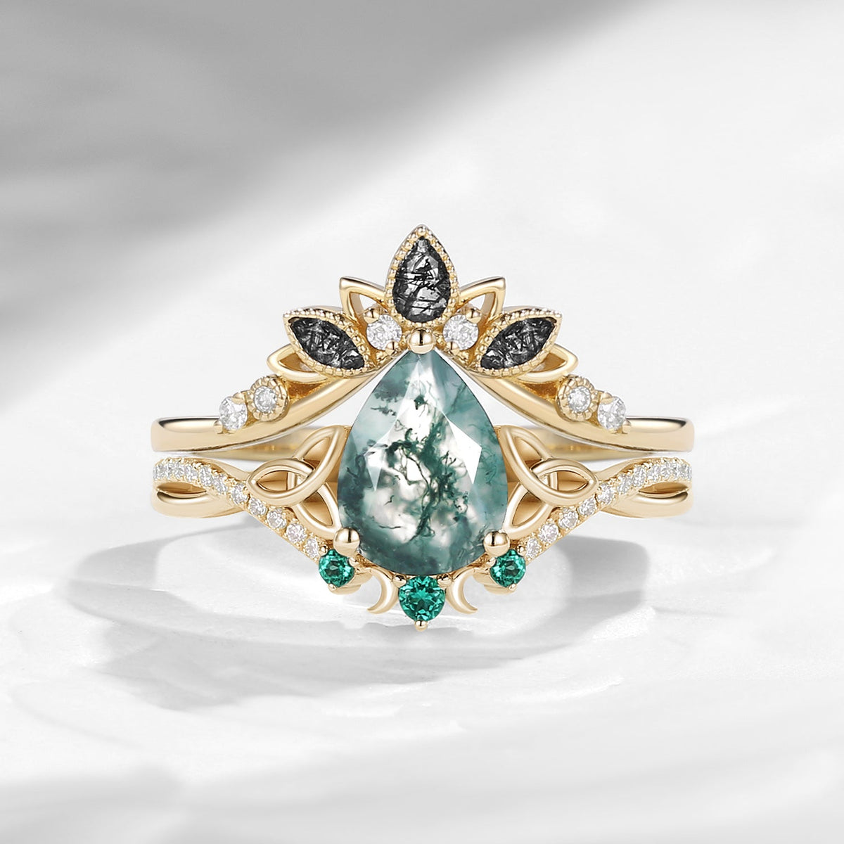 Celtic Moon 'Celestial Moon' - Pear Cut Moss Agate Celtic Engagement Ring Set
