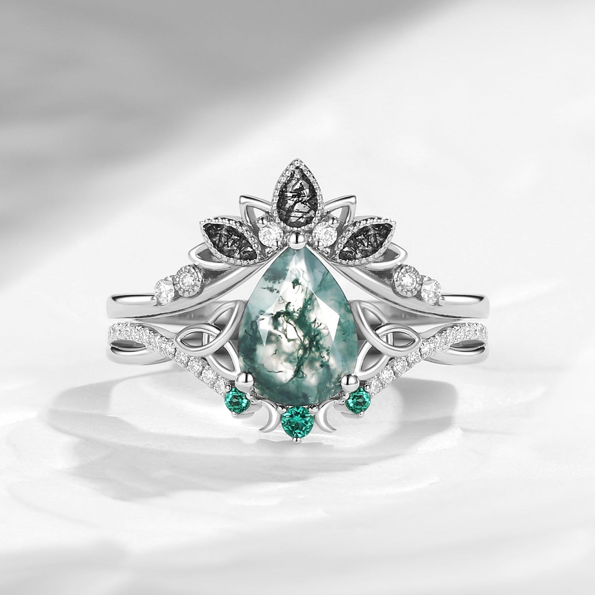Celtic Moon 'Celestial Moon' - Pear Cut Moss Agate Celtic Engagement Ring Set