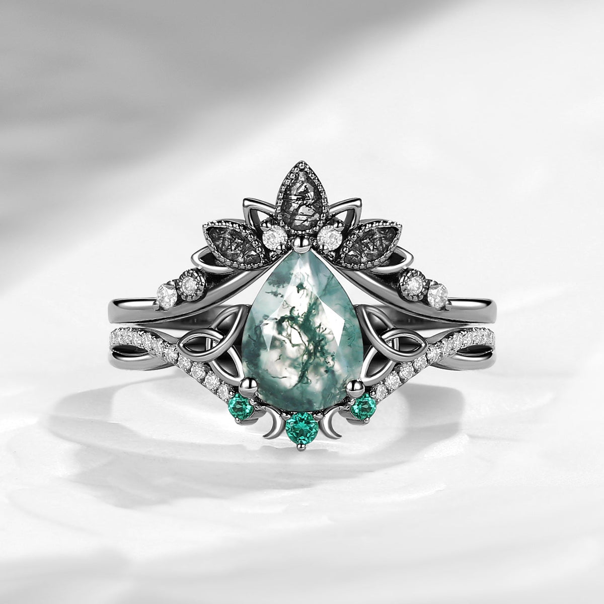 Celtic Moon 'Celestial Moon' - Pear Cut Moss Agate Celtic Engagement Ring Set