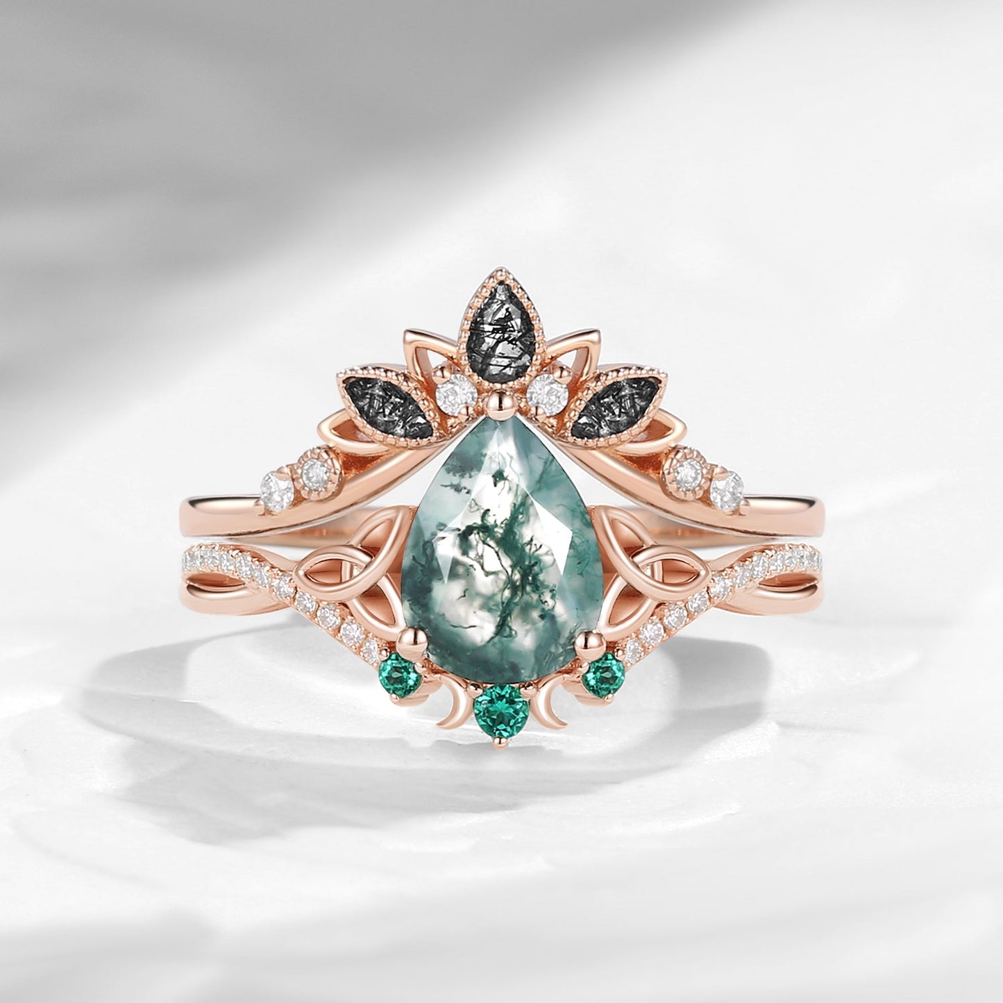 Celtic Moon 'Celestial Moon' - Pear Cut Moss Agate Celtic Engagement Ring Set