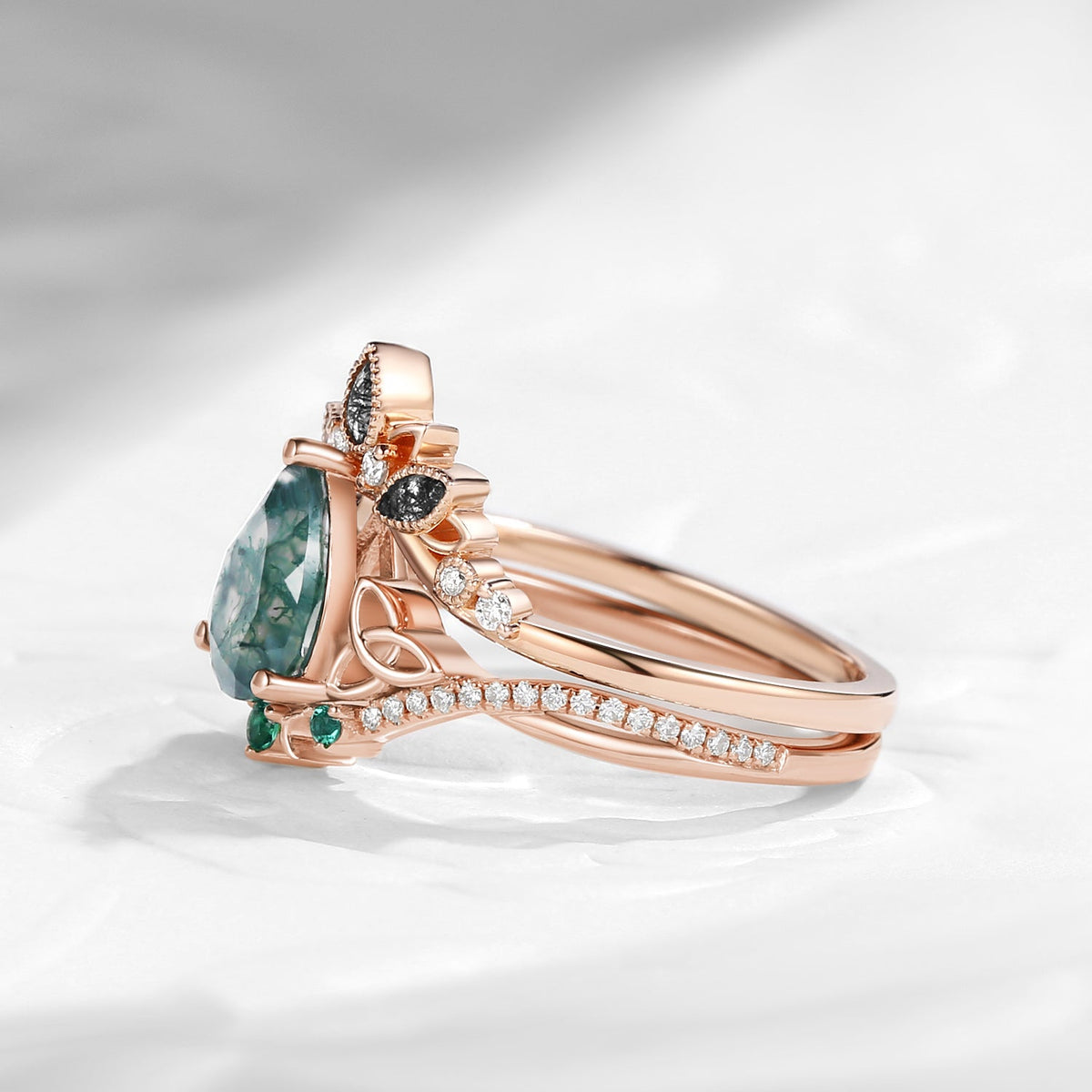Celtic Moon 'Celestial Moon' - Pear Cut Moss Agate Celtic Engagement Ring Set