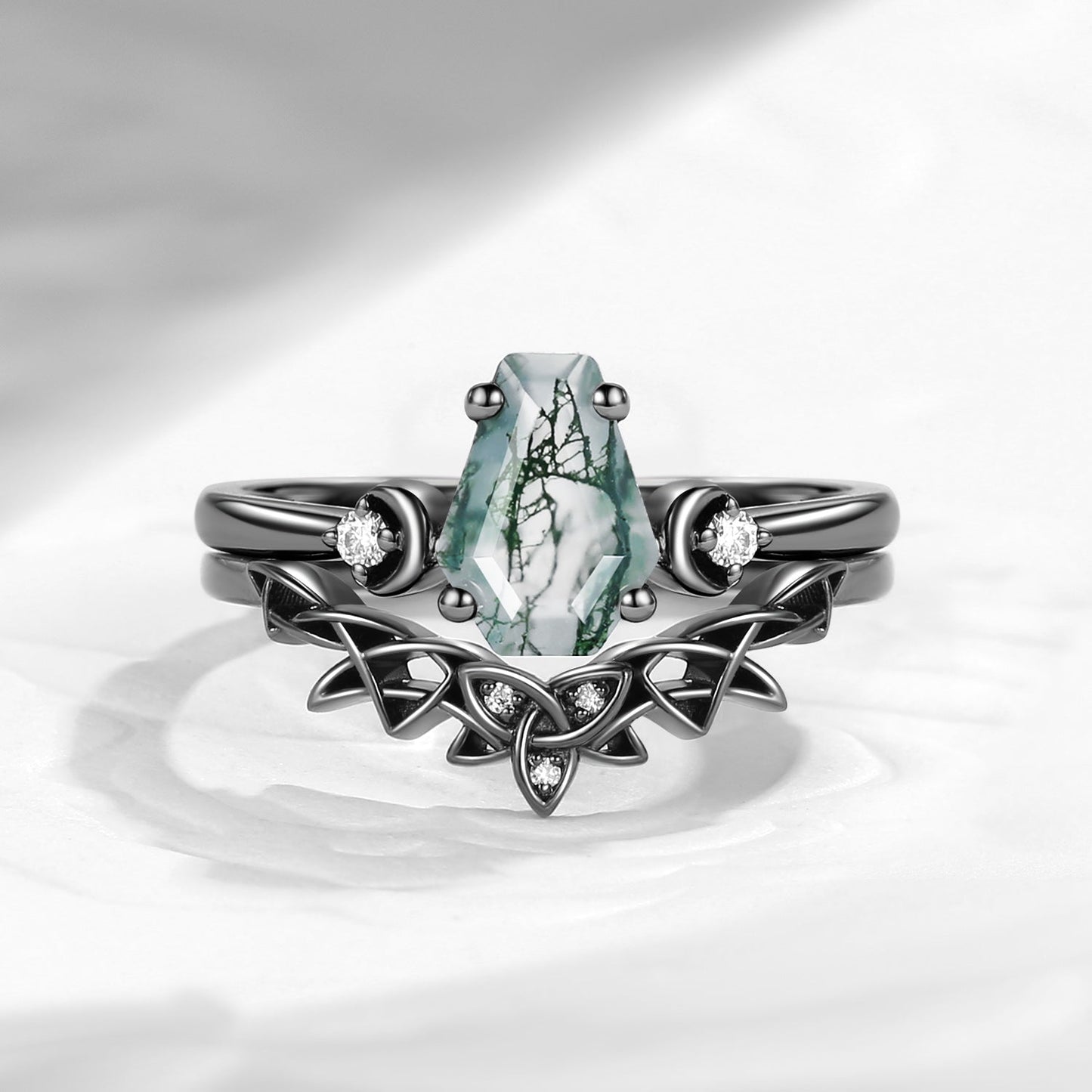 Celtic Moon - Fancy Coffin Cut Moss Agate Celtic Engagement Ring Set