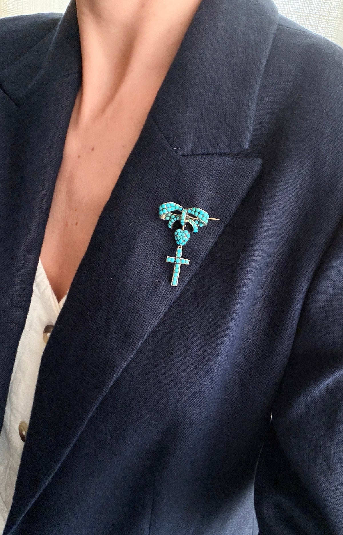 Incredible, Antique, Mid-Victorian, 15ct Gold Turquoise Bow, Heart and Cross Brooch/Pin