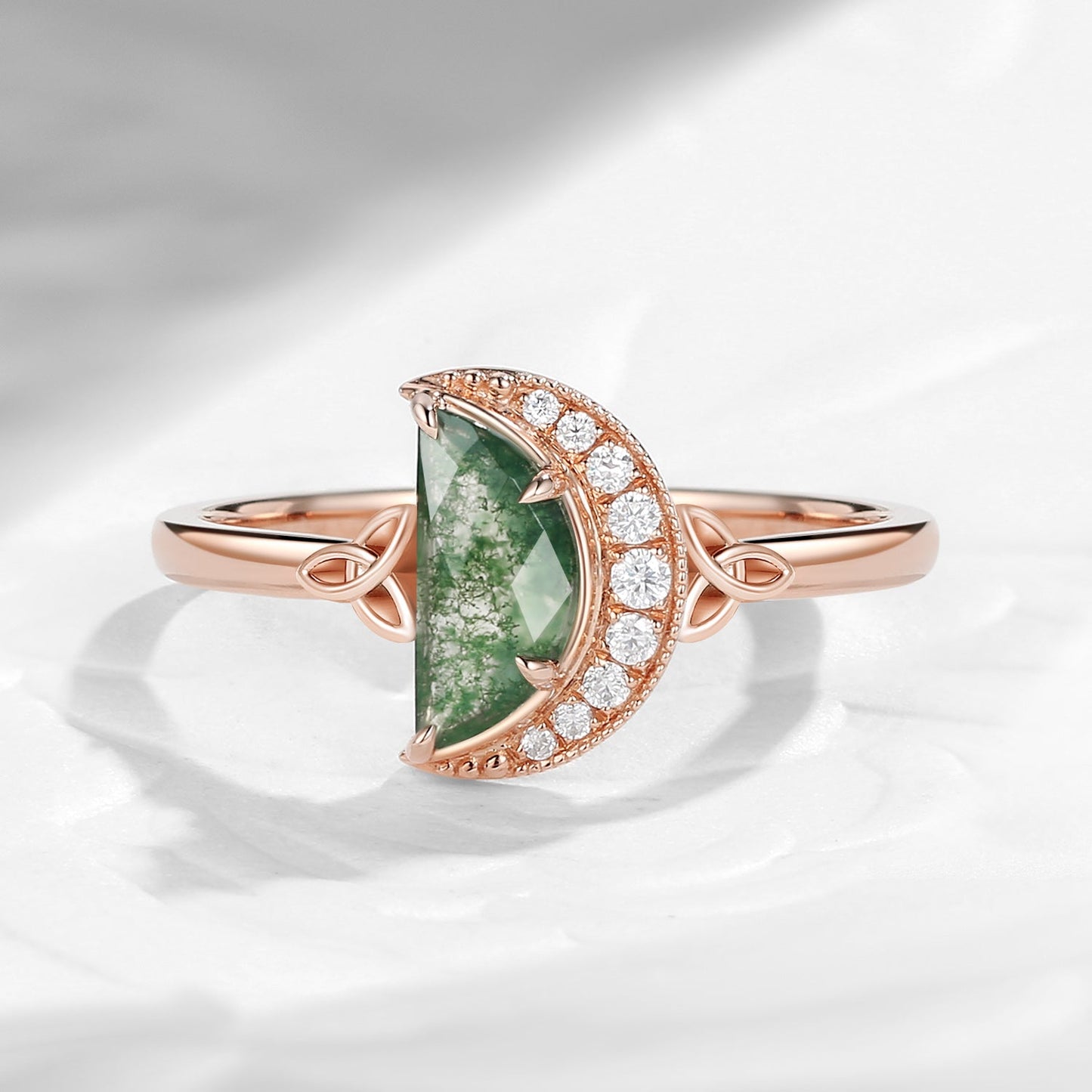 Celtic Moon - Moon Shaped Moss Agate Half Moon Celtic Engagement Ring