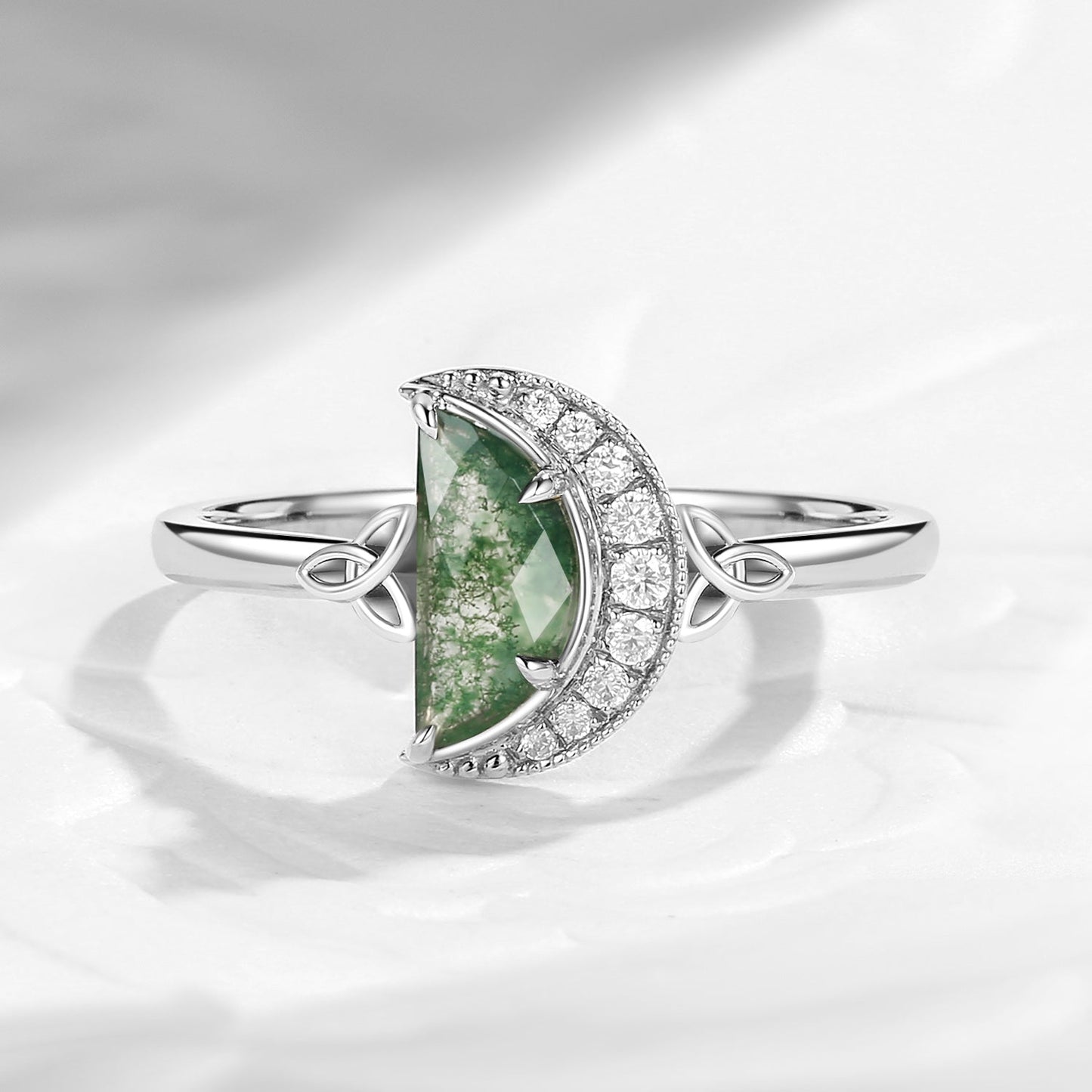 Celtic Moon - Moon Shaped Moss Agate Half Moon Celtic Engagement Ring