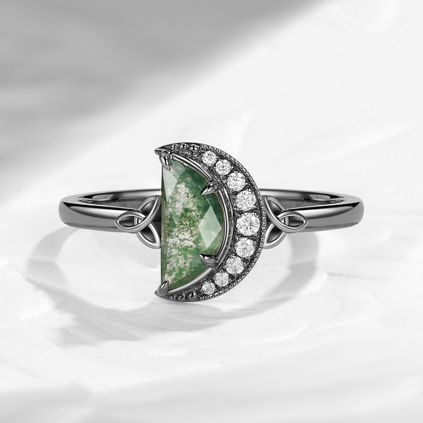 Celtic Moon - Moon Shaped Moss Agate Half Moon Celtic Engagement Ring