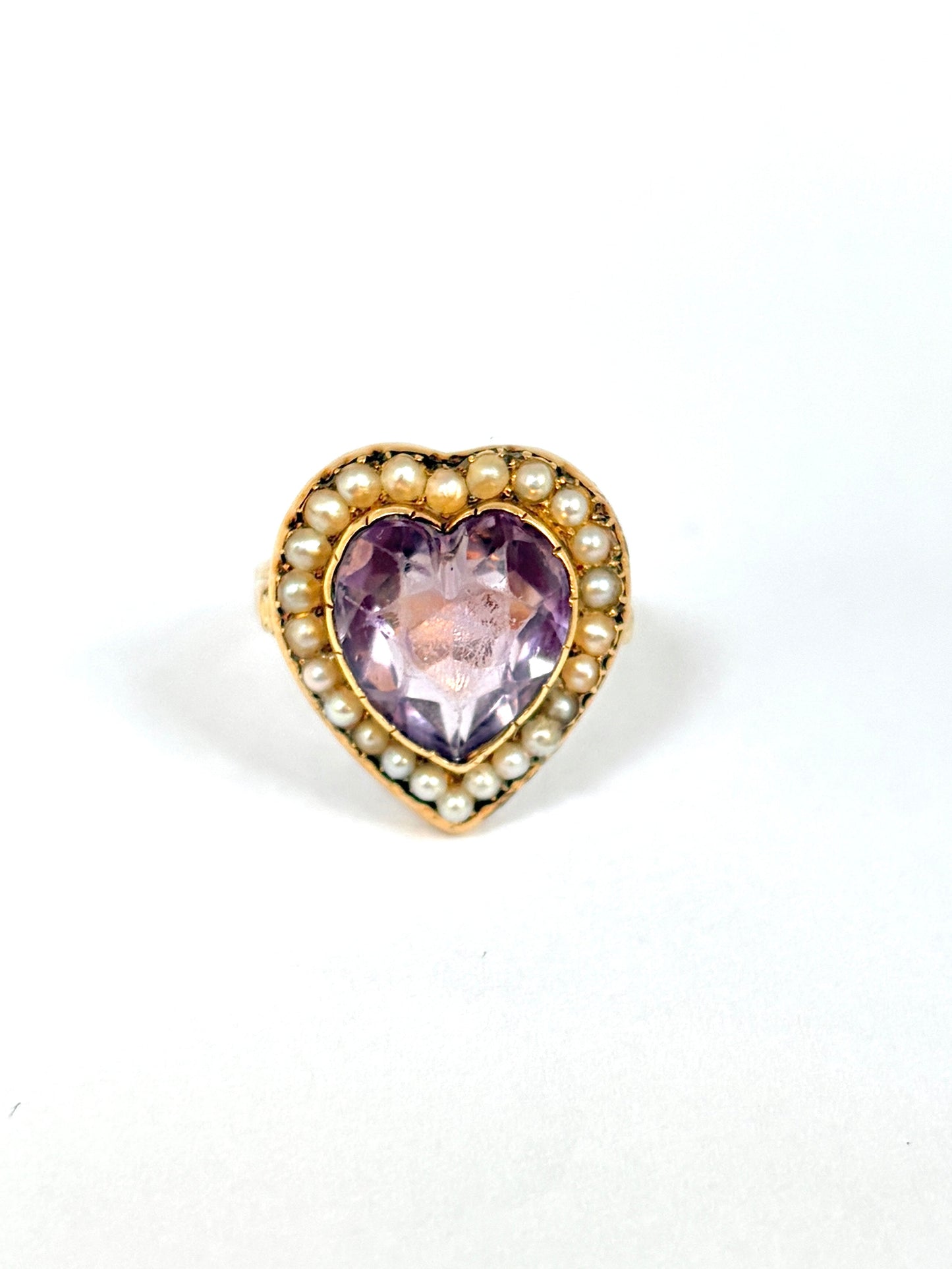 Large, Vintage 15ct Gold Amethyst Heart Ring with Seed Pearls