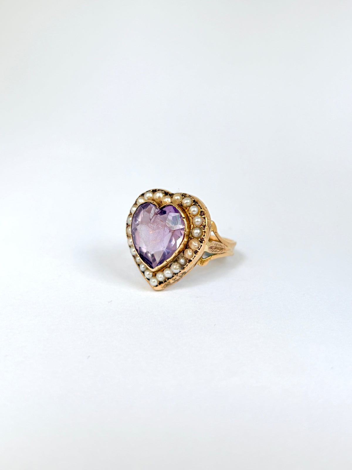 Large, Vintage 15ct Gold Amethyst Heart Ring with Seed Pearls