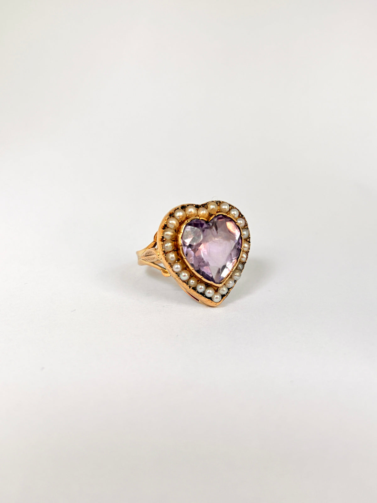 Large, Vintage 15ct Gold Amethyst Heart Ring with Seed Pearls