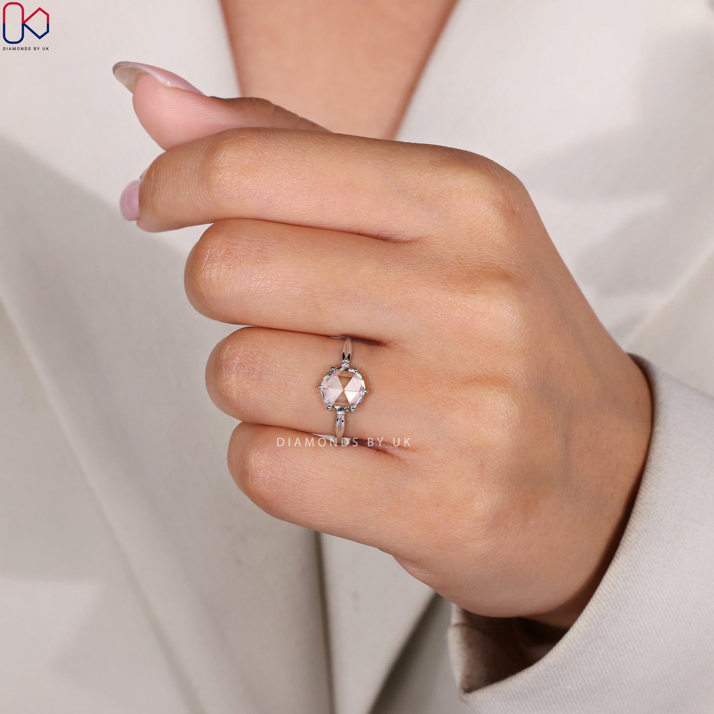 Rose Cut Diamond Ring with Round Side Stone