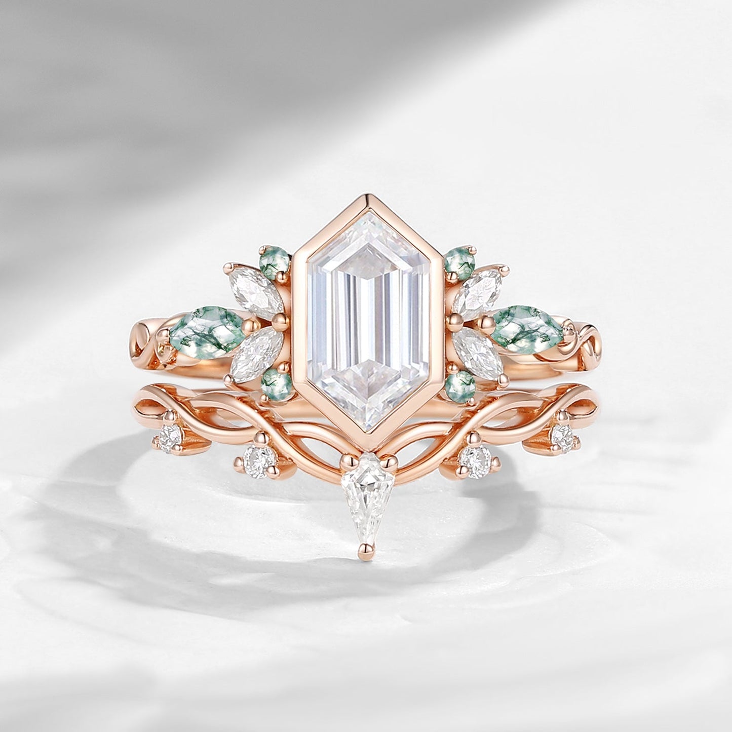 Nature Inspired Long Hexagon Moissanite Butterfly Cluster Engagement Ring Set