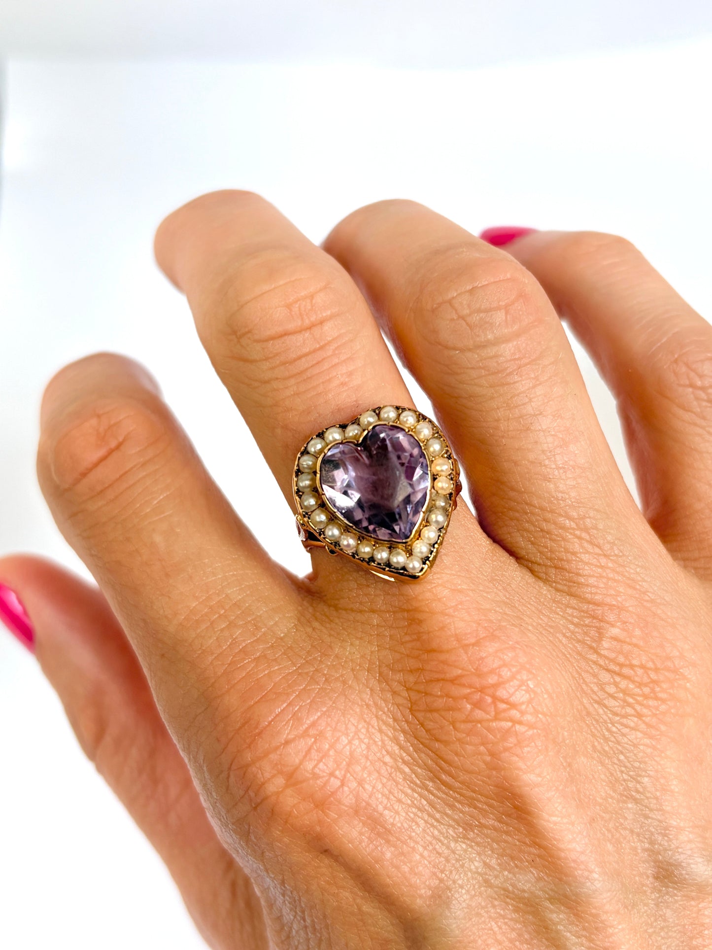 Large, Vintage 15ct Gold Amethyst Heart Ring with Seed Pearls