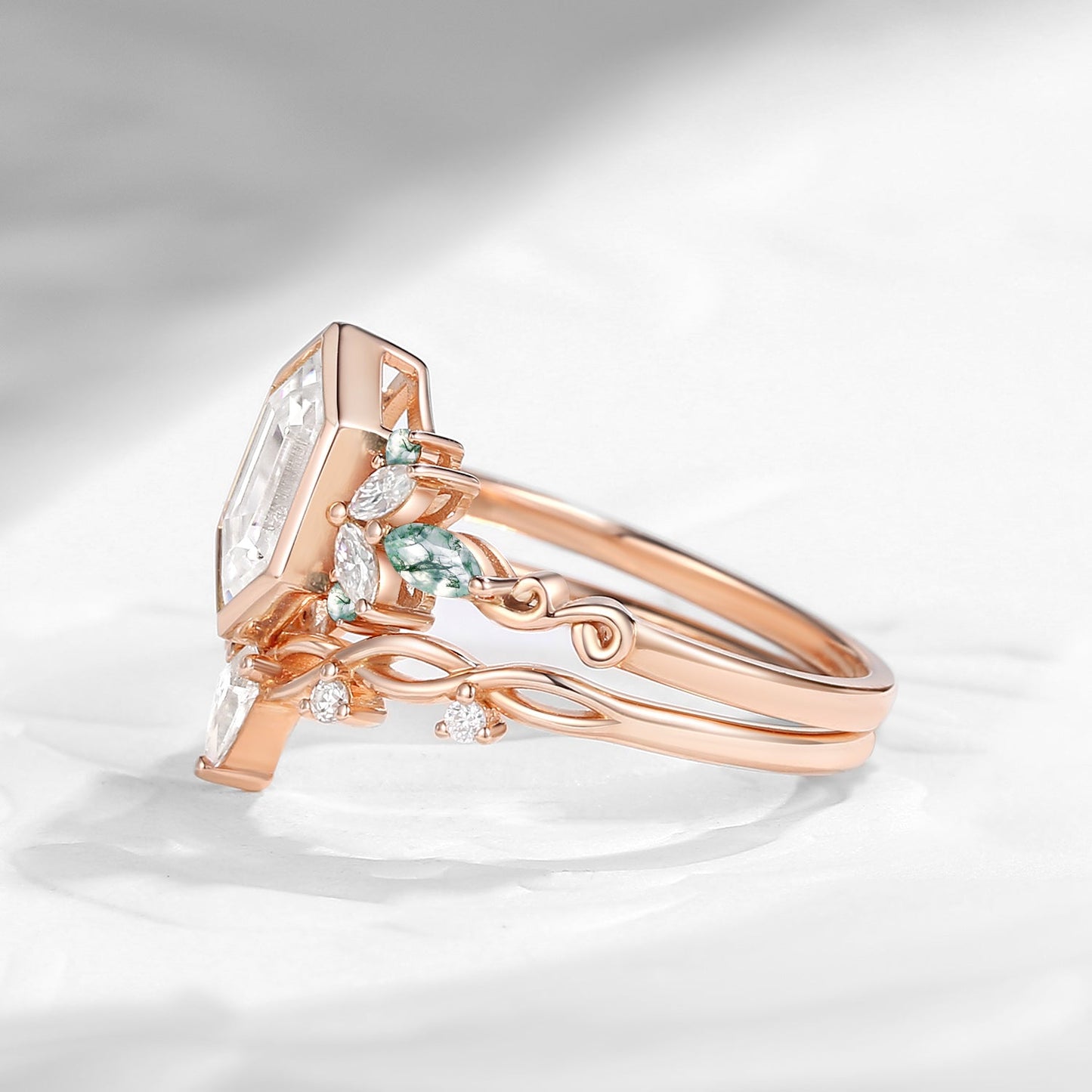 Nature Inspired Long Hexagon Moissanite Butterfly Cluster Engagement Ring Set